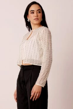 Pearl Embellished Sheer Cropped Jacket In Ivory -Lace & Beads Shop Pearl Embellished Sheer Cropped Jacket in Ivory 4