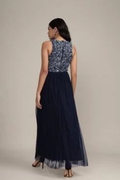 Picasso Embellished Maxi Dress In Navy With Pearl Beads -Lace & Beads Shop PicassoMaxiinNavywithyellowbeads 5