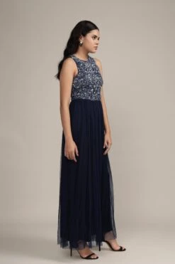 Picasso Embellished Maxi Dress In Navy With Pearl Beads -Lace & Beads Shop PicassoMaxiinNavywithyellowbeads 7