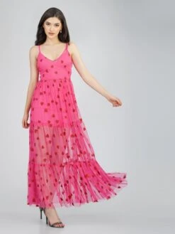 Poppy Sheer Heart Dress In Bright Pink -Lace & Beads Shop PoppyMidi 3