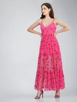 Poppy Sheer Heart Dress In Bright Pink -Lace & Beads Shop PoppyMidi 4