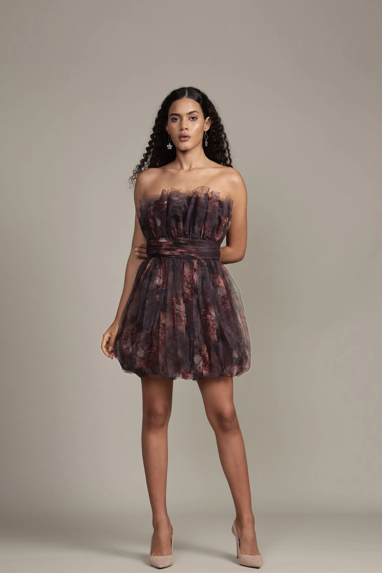 Nanita Mini Dress With Balloon Hem In Plum Floral 5 Nanita Mini Dress With Balloon Hem In Plum Floral - Image 3