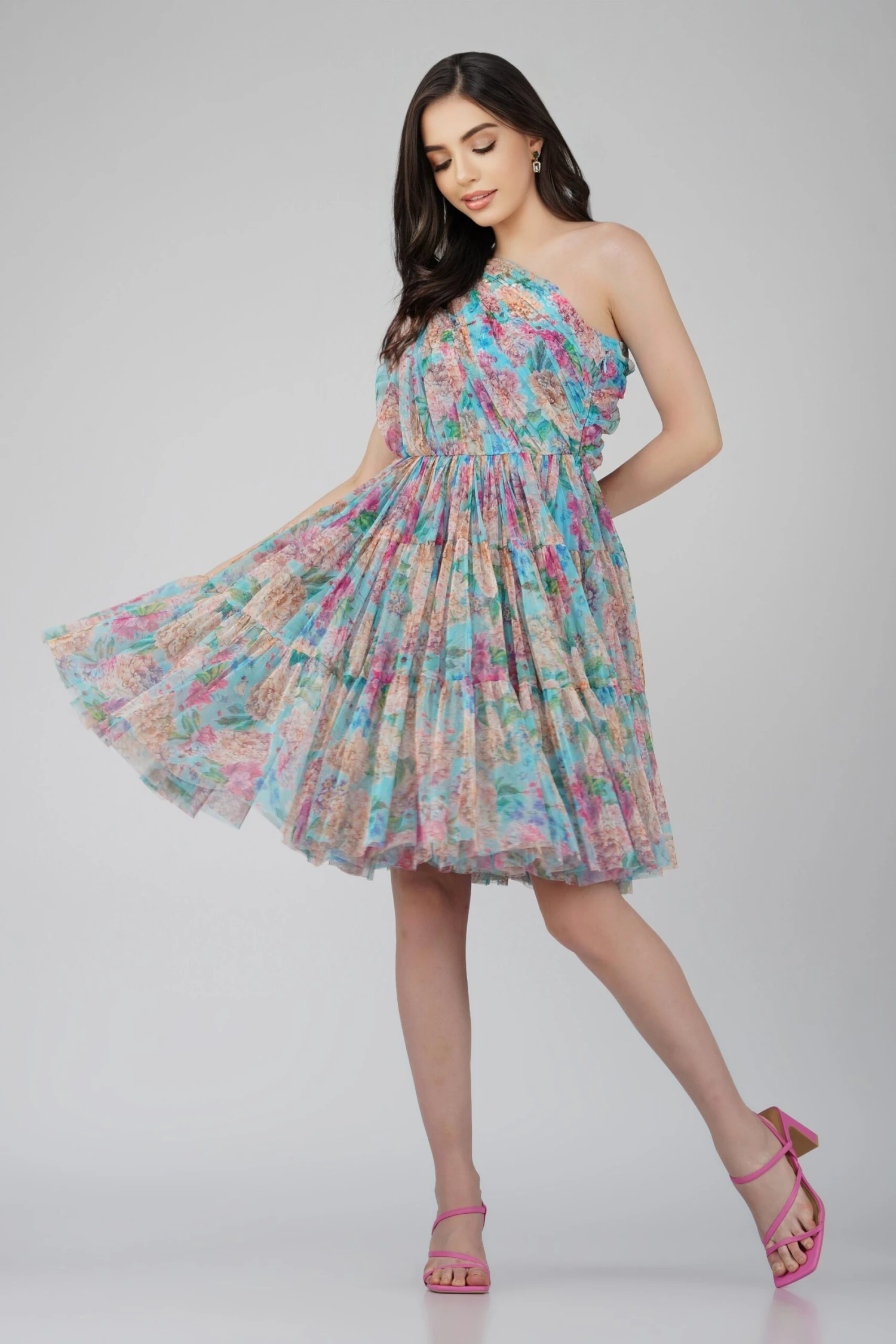 Roka Floral One Shoulder Mini Dress In Blue 3 Roka Floral One Shoulder Mini Dress In Blue