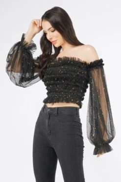 Rolf Black Tulle Top With Gold Polka