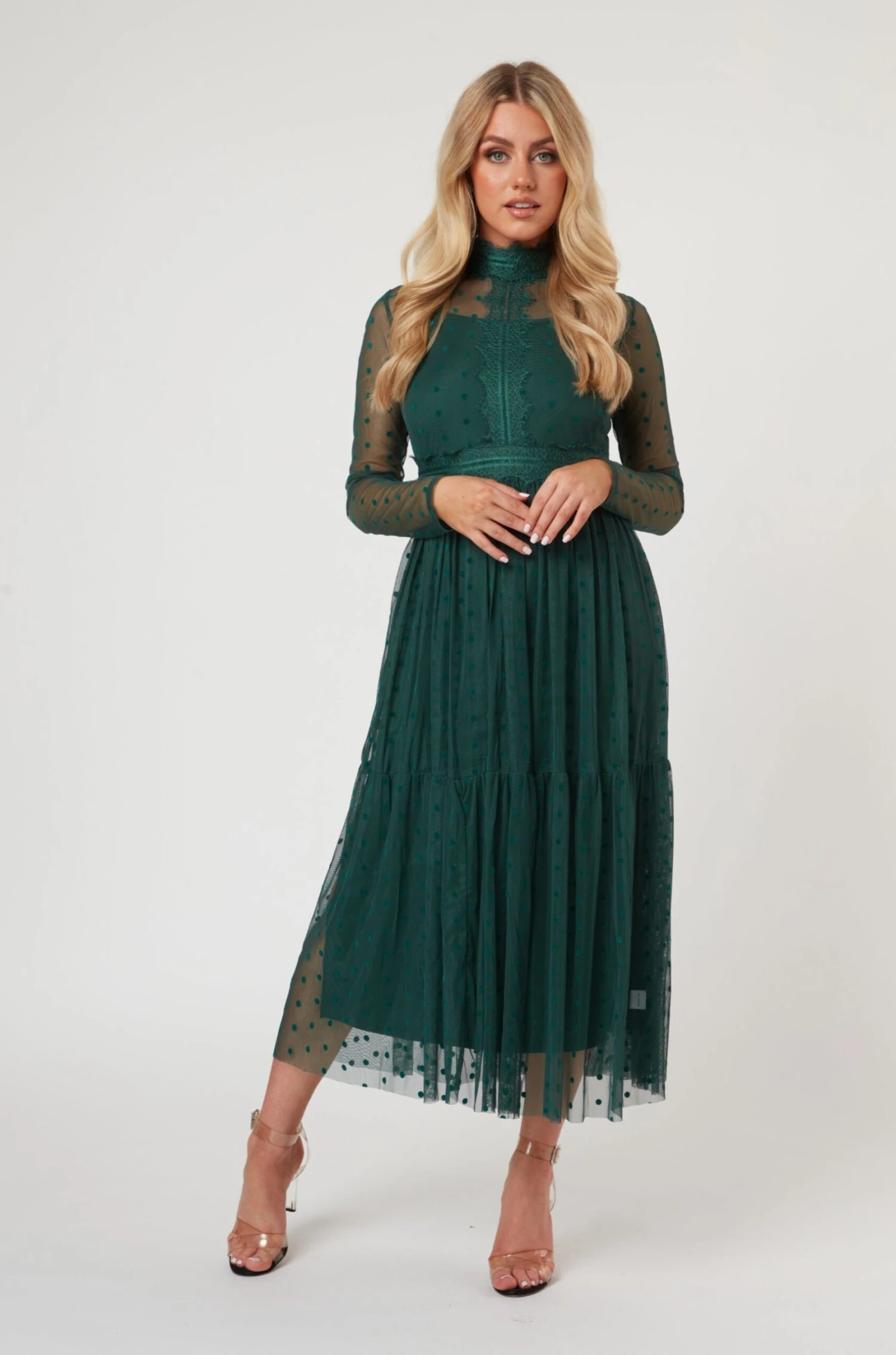 Roman Lola Polka Dot Midi Dress In Green 3 Roman Lola Polka Dot Midi Dress In Green