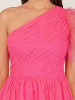 Rowena Bright Pink One Shoulder Tulle Gown -Lace & Beads Shop RowanPink 1