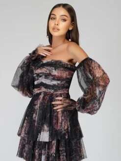 Roxanne Dark Print Tulle Mini Dress -Lace & Beads Shop Roxanne 3