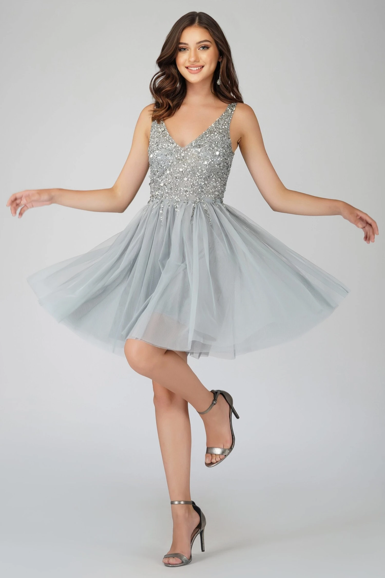 Symphony Light Grey Embellished Mini Dress 5 Symphony Light Grey Embellished Mini Dress - Image 3