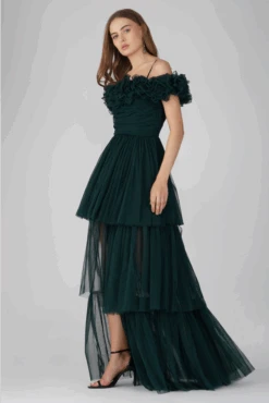 Sandy Tulle Maxi Dress In Emerald Green