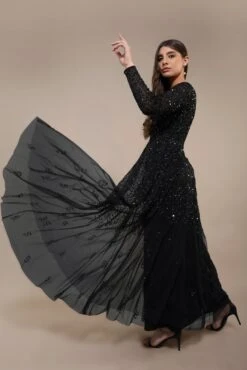Sila Long Sleeve Embellished Maxi Dress In Black -Lace & Beads Shop SilaMaxiinBlack 2