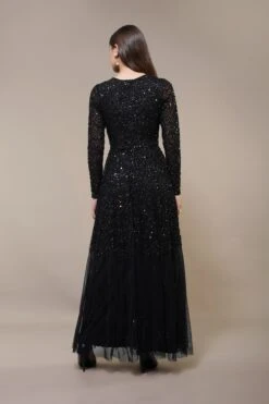 Sila Long Sleeve Embellished Maxi Dress In Black -Lace & Beads Shop SilaMaxiinBlack 3
