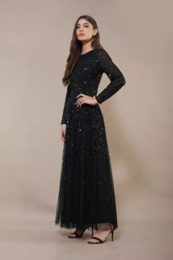 Sila Long Sleeve Embellished Maxi Dress In Black -Lace & Beads Shop SilaMaxiinBlack 5