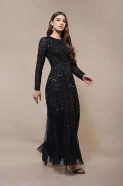 Sila Long Sleeve Embellished Maxi Dress In Black -Lace & Beads Shop SilaMaxiinBlack 6