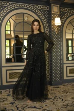 Sila Long Sleeve Embellished Maxi Dress In Black -Lace & Beads Shop Sila Maxi in Black 2 transformed