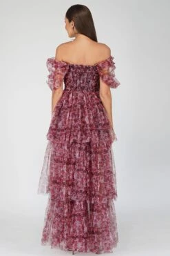 Sydney Tulle Maxi Dress In Burgundy Print -Lace & Beads Shop SydneyBurgundyPrint 1