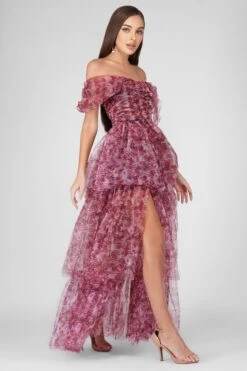 Sydney Tulle Maxi Dress In Burgundy Print -Lace & Beads Shop SydneyBurgundyPrint 2