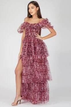 Sydney Tulle Maxi Dress In Burgundy Print -Lace & Beads Shop SydneyBurgundyPrint 5