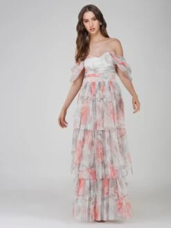 Sydney Tulle Maxi Dress In Peach Floral -Lace & Beads Shop SydneyMaxi PeachFloral 4 1 1