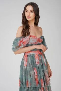Sydney Tulle Maxi Dress In Sage Green Floral -Lace & Beads Shop SydneyMaxi SageGreenFloralPrint 1 1