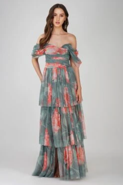 Sydney Tulle Maxi Dress In Sage Green Floral
