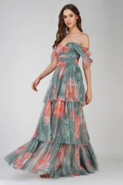Sydney Tulle Maxi Dress In Sage Green Floral -Lace & Beads Shop SydneyMaxi SageGreenFloralPrint 5 1