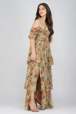Sydney Tulle Maxi Dress In Green Floral -Lace & Beads Shop SydneyMaxiGreenFloral 2 Copy