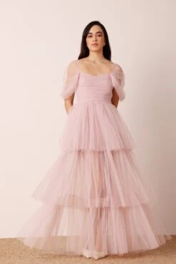Sydney Off Shoulder Tulle Maxi Dress In Dusty Pink -Lace & Beads Shop Sydney Maxi in Dusty Pink 3