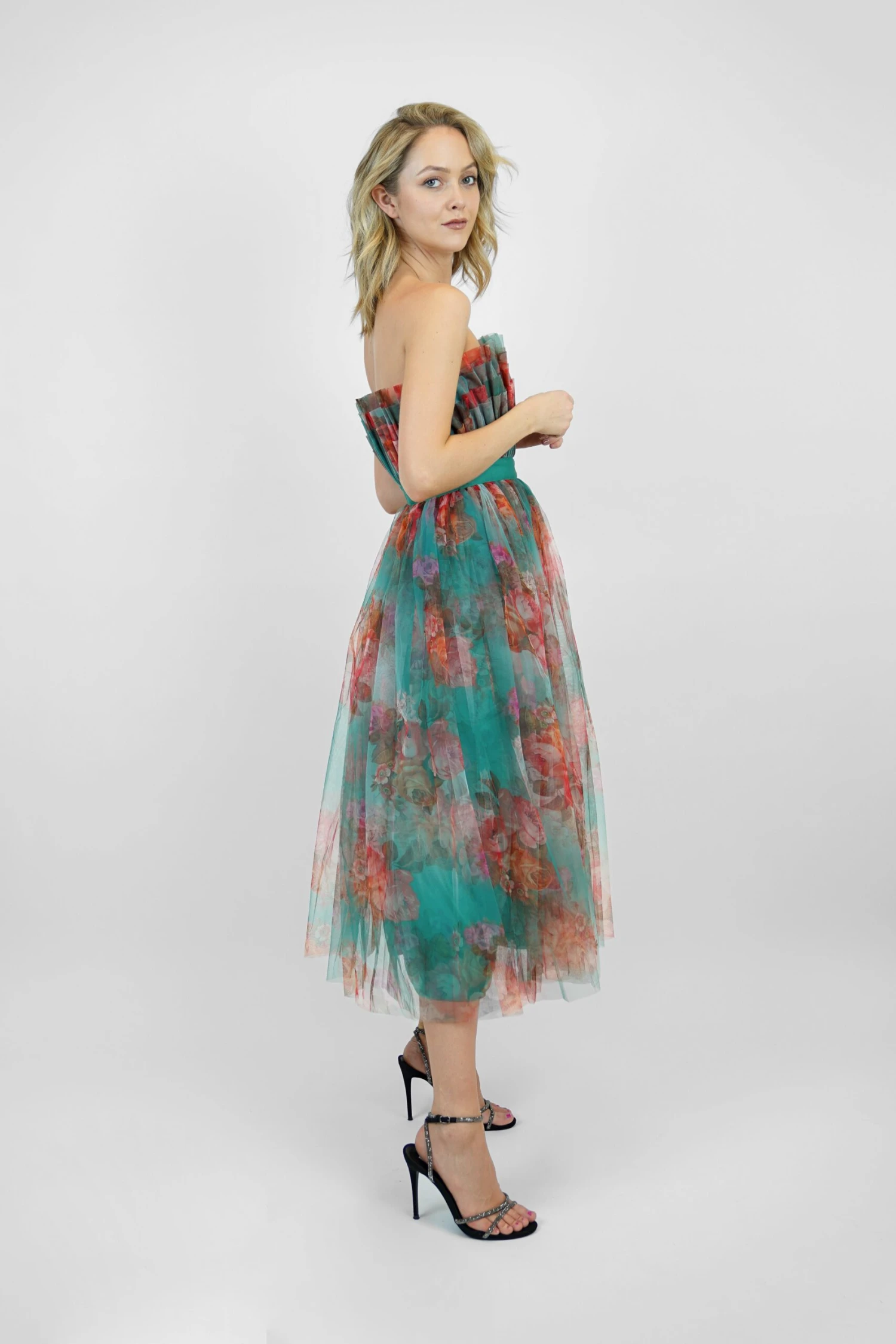 Verity Tulle Midi Dress In Green Print 6 Verity Tulle Midi Dress In Green Print - Image 4