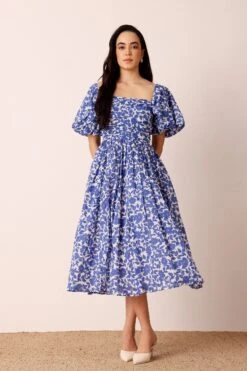 Lana Puff Sleeve Cotton Midi Dress In Blue Leaf Print -Lace & Beads Shop nitya32731