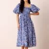 Lana Puff Sleeve Cotton Midi Dress In Blue Leaf Print -Lace & Beads Shop nitya32736