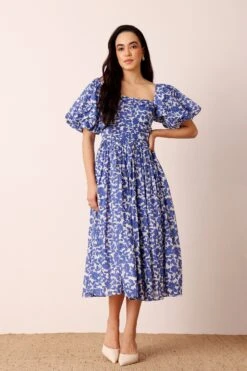 Lana Puff Sleeve Cotton Midi Dress In Blue Leaf Print