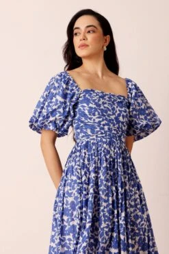 Lana Puff Sleeve Cotton Midi Dress In Blue Leaf Print -Lace & Beads Shop nitya32743