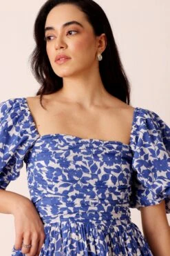 Lana Puff Sleeve Cotton Midi Dress In Blue Leaf Print -Lace & Beads Shop nitya32744