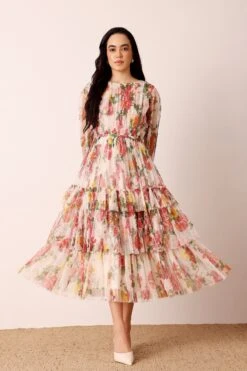 Rebecca Midi Dress In Cream Floral -Lace & Beads Shop nitya32753