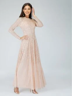 Sila Long Sleeve Embellished Maxi Dress In Blush Pink -Lace & Beads Shop siLA 1