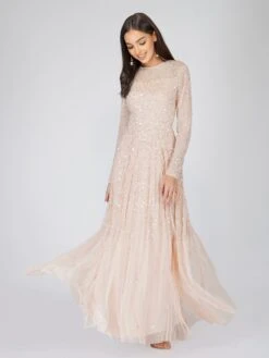 Sila Long Sleeve Embellished Maxi Dress In Blush Pink -Lace & Beads Shop siLA 4