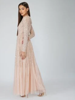 Sila Long Sleeve Embellished Maxi Dress In Blush Pink -Lace & Beads Shop siLA 6